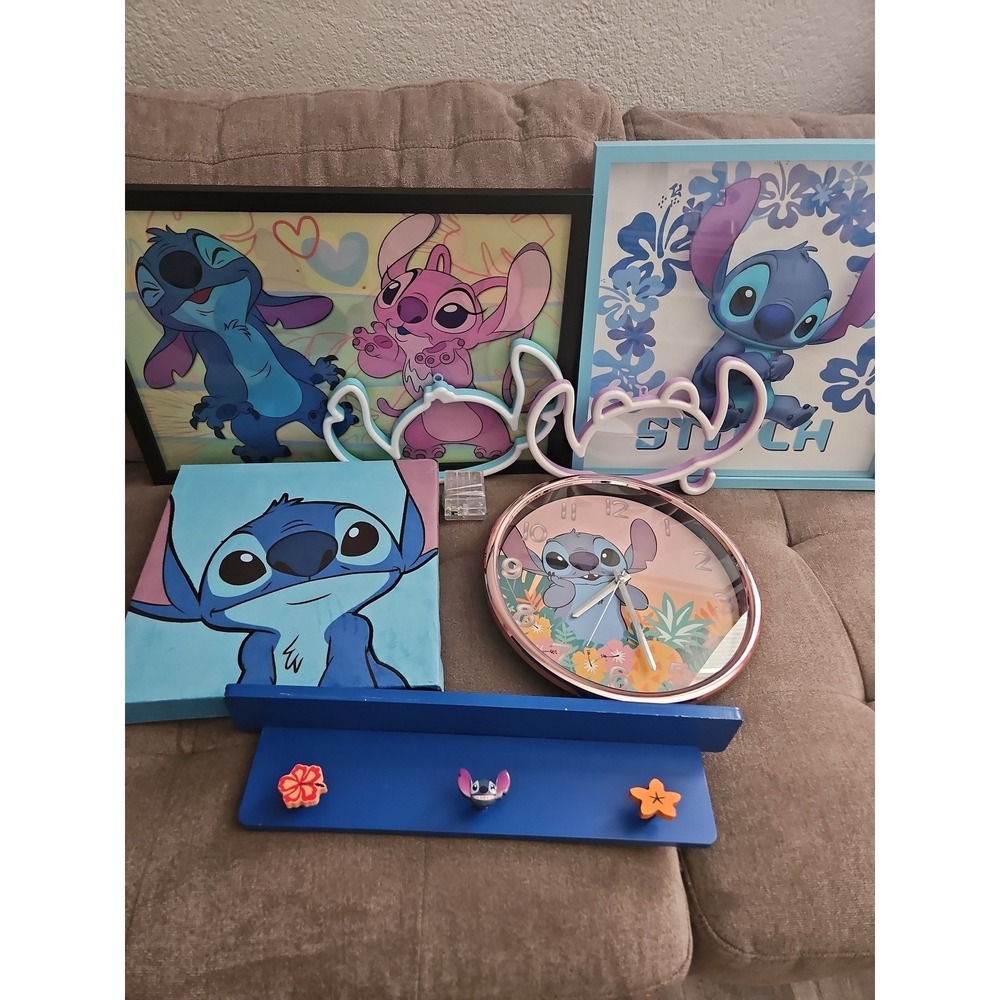 Disney Lilo & Stitch Room Decor Bundle - 7pc Set: Wall Art, Clock, Neon Light